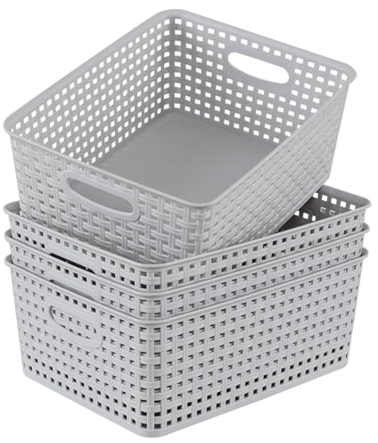 Yuright 4 Pack Plastic Woven Storage Baskets, Kitchen Cupboard Organiser Baskets, Light Gray