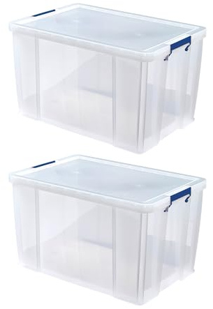 BANKERS BOX 2 x 85L Plastic Storage Boxes with Lids. ProStore Super Strong Stackable Plastic Storage Boxes (37.5 x 57.5 x 38cm), Made in the UK, Clear