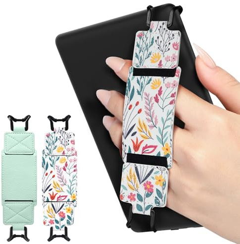 MoKo 2 Pack Hand Strap for 6-8 Kindle eReaders Tablets,Agave Green+Flower | eReader Accessories for 6-8 Kindle/Kobo/Sony Tablets, Black High-Elasticity Hand Strap, Lightweight Finger Grip Holder