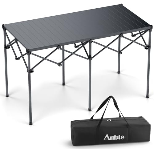 Anbte Mesa Camping Plegable 122 x 60 x 74 cm, Mesas de Acampada Portátil Aluminio Impermeable Capacidad de Carga 120 kg para Jardín, Terraza, Picnic,BBQ,Camping Negro