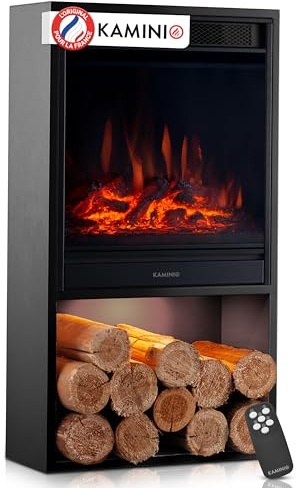 KAMINIO Chimenea eléctrica Hugo - Estufa de Chimenea con calefacción, Efecto Llama 3D, Luz Ambiental LED, Compartimento de Madera, Control Remoto (Negro)