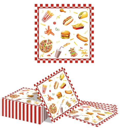 Kotkiddy 40 Servilletas de Fiesta de Comida Rápida 16 5x16 5cm Pizza Hot Dog Hamburguesa Motivo Papel Cumpleaños Baby Shower Festival Decoración de Mesa Desechable Diseño
