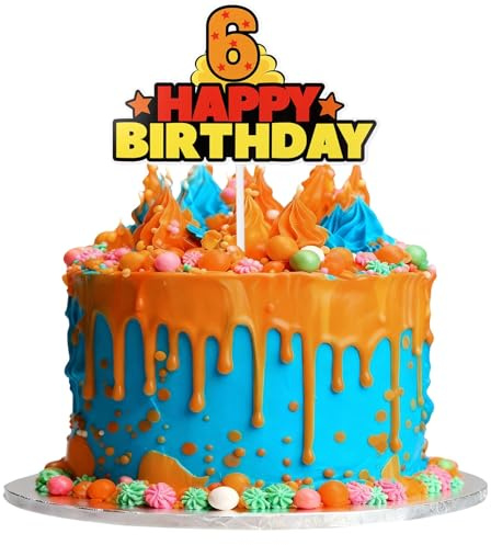 Anime Cartoon Happy Birthday Cake Topper, Yellow and Red Star Print Birthday Cake Decoration for Kids Boys Girls Fans Theme Party Decorating Supplies (Number 6)