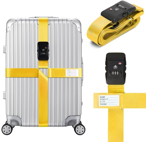 Linpr Bagageband med TSA-lås, Justerbara Resväskeband för resor, Gul | Lätt att upptäcka resväskerem med bagageetiketter, hållbart bagagebälte som skyddar resväskor och bagage