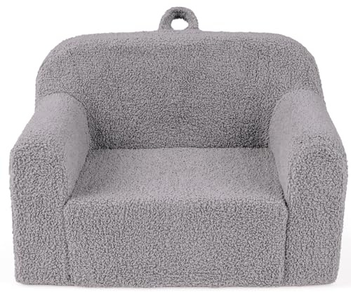 COSTWAY Barnsoffa med handtag, barnfåtölj vadderad av skum och teddytyg, barnsoffa med tvättbart överdrag, leksoffa för barn från 3 år, 62 x 40 x 41 cm, grå
