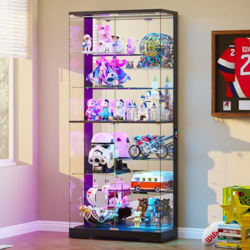 Lvifur 71'' Glass Display Cabinet - with RGB Lights,10-Tier Curio Cabinet with Glass Doors,Lockable Figure Display Case with Human Body Sensor,Tall Showcase Cabinets for Collectibles,Black
