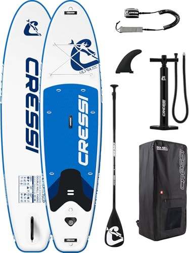 CRESSI dal 1946 - Ultra Isup Set - Tavola Sup Gonfiabile Adulti Grande Stabilità e Resistenza Completa di Accessori Pagaia Pinna Pompa Laccio Borsa Zaino - Bianco/Blu - 320x81x8 cm Max 130 kg