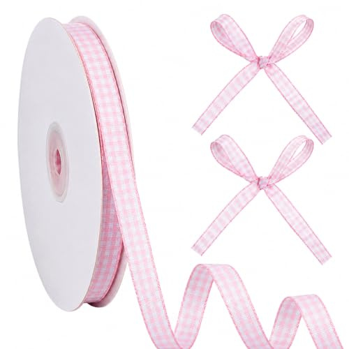 Pink Gingham Ribbon 3/8 Inch x 50 Yards, Buffalo Checkered Plaid Craft Ribbon Polyester Woven Edge, Thin Checker Ribbons for Gift Wrapping Hair Bows Wedding Birthday Decor