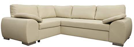 Sofas and More ENZO - CORNER SOFA BED WITH STORAGE - FAUX LEATHER - LEFT HAND SIDE ORIENTATION (CREAM)