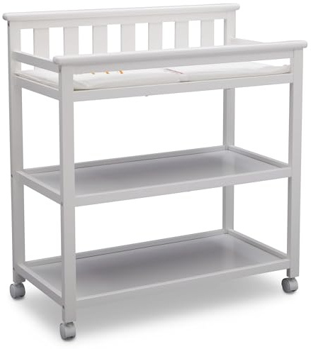 Delta Children Flat Top Changing Table with Wheels and Changing Pad - Greenguard Gold Certified, Bianca White