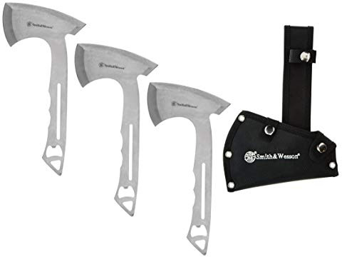 Smith & Wesson Hawkeye Throwing Axes with 10in Full Tang Stainless Steel Design, Bottle Opener and Nylon Sheath for Recreation and Competition, 3 pack