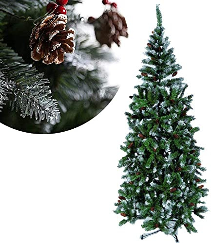Albero di Natale Pino Rustico 90 cm Punte Bianche con PIGNE e Bacche 105 rami, Abete Germogliato innevato con Supporto Base in Metallo, Alberino di Natale Pinetto con pigne