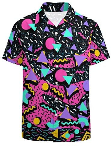 LARSD Camicie anni '80 per gli uomini anni '90 Camicia con bottoni vintage retrò hawaiana da spiaggia divertente camicia da festa in discoteca al neon