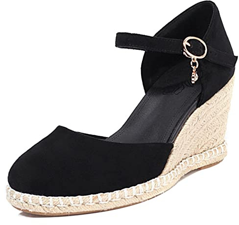 Lroey Reoly Espadrille à Talon Haut Femme, Sandales Bout Rond Elegant Compensées Chaussures Habillées avec Plateforme Boucle Bride Cheville Bow, Taille 31-44