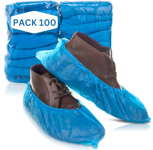 PimPam Factory Lot de 100 couvre-chaussures jetables en polyéthylène imperméables pour infirmières, hôtels, usines Bleu