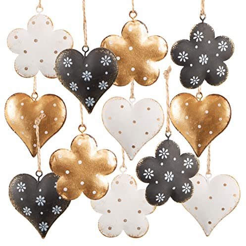 Logbuch-Verlag 12 Herzen Anhänger Ostern schwarz-weiß Gold Metall Blumen Osteranhänger Deko Liebe Hochzeit Geschenkanhänger 6 cm