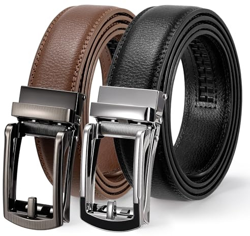 WERFORU 2 cinturones de cuero para hombre, cinturón automático de cuero para traje y ocio, cinturón de trinquete para hombre con hebilla automática, E-marrón+negro, 130cm/für Taillengröße 90-110cm