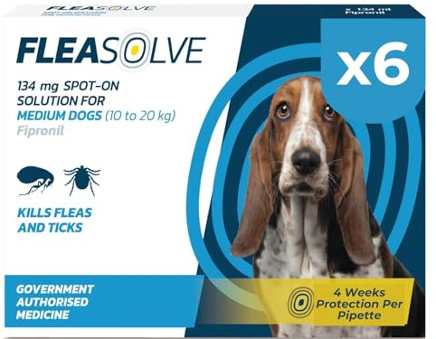 Dog flea treatment medium dog x 6 - Flea treatment for dogs medium 10-20 kg - Spot-On solution for flea and tick control - FleaSolve 6 Pipettes, 6 Doses