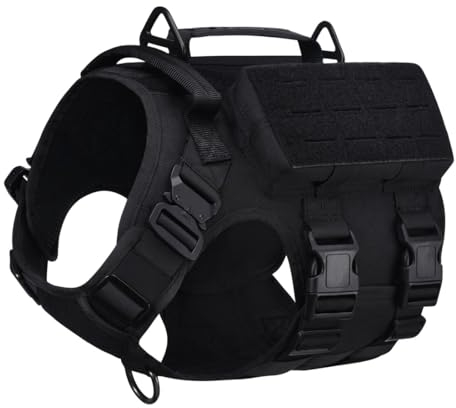 Vmokki Hundegeschirr mit 3 Taschen, 2 Griffe, 3 D-Ring Taktisch Gepolstert Verstellbar Molle Sicherheitsgeschirr Brustgeschirr für mittelgroße große Hunde (Schwarz, M)
