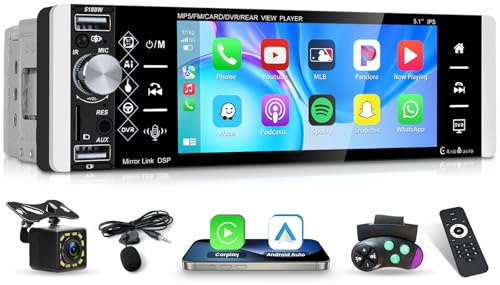 Hikity 1 DIN FM Am RDS Radio de Coche Wireless Carplay, Pantalla Táctil 5.1 Pulgada Autoradio con Android Auto, Bluetooth Cámara Trasera, Soporte Mirror Link, DVR, AUX-in USB SD Card