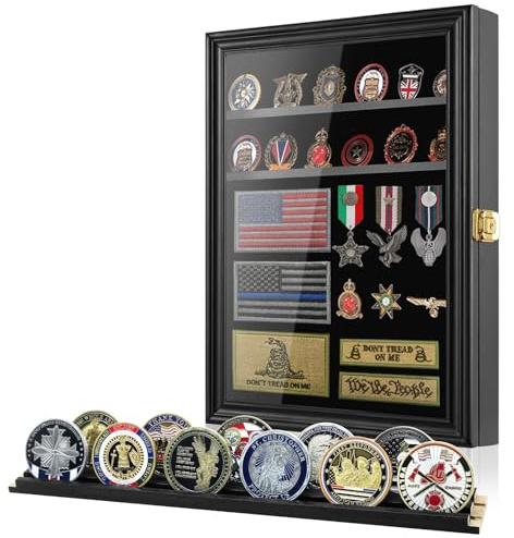 Premium Challenge Coin Display for 60 Coins, Solid Pine Wood with UV Protection Door, Adjustable Shelves, EVA Velvet Interior, Lockable Wall Mounted Shadow Box (Black)