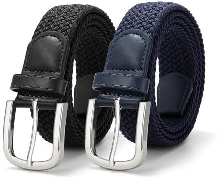 JASGOOD 2 Pack Men Braided Canvas Stretch Belt Elastic Casual Belt for Men Women,Junior 1.3 Inch Wide,Black+Blue/Silver Buckle