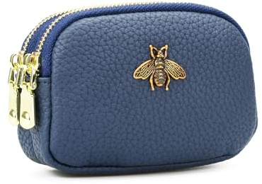 QIUTIMIY Women Artificial Artificial Leather Small Purse Pouch Cash Mini Coin Wallet Double Zipper Pocket with Keychain(Blue)