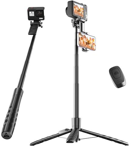 Trépied compact de 180,3 cm pour téléphone portable, GoPro, appareil photo, perche à selfie pliable avec télécommande pour iPhone, trépied polyvalent avec vis de 6,35 mm et griffe froide pour