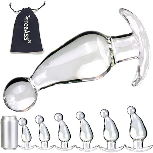 ScreaAss 6 Größen Großer Glas Analplug Mit Gebogenem Anker 35/40/45/50/55/60Mm Glattes Kristall Analstöpsel Anal Kugeln Butt Plug Glas Dildo Plug Dilatator Sex Spielzeug Für Frauen Männer,Clear,L