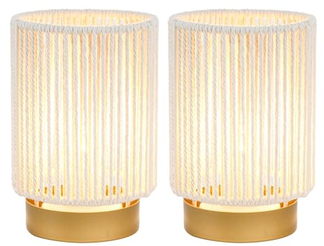 JHY DESIGN Uppsättning av 2 flätade bordsdukar i bomullsrep 17 cm hög batteridriven lampa med 6 timmars timer bredvid lyktor perfekt för vardagsrum sovrum bröllop fester uteplats evenemang