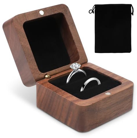 MIHURO Small Wooden Ring Box, Square Ring Gift Box with Double Slot Vintage Storage for Proposal and Wedding Ceremonies