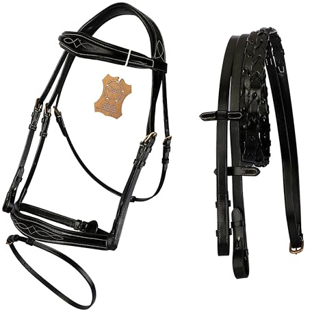 Comrade Saddlery Genuine Leather Horse Bridle Designer Stitched English Jumping Bridle with Laced Reins, Adjustable Browband Headstall Equestrian Tack for Show Sturdy Riding Bridle (Black, Cob)
