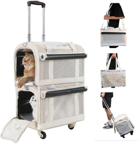 Sac de transport double pour 2 chats avec roues, poussette 3 en 1 amovible, sac de transport pour petits chiens, chiots, grands animaux de compagnie, sac de transport à roulettes pour voyage, sac à