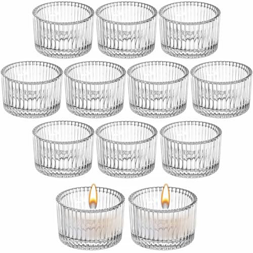 Clear Ribbed Glass Tea Light Candle Holders 12Pcs Elegant Votive Tealight Holders 5.5cm x 3.5cm Vintage Candle Holder Tea Light Holder for Weddings, Parties, Home Decor, Christmas & Restaurants (12)