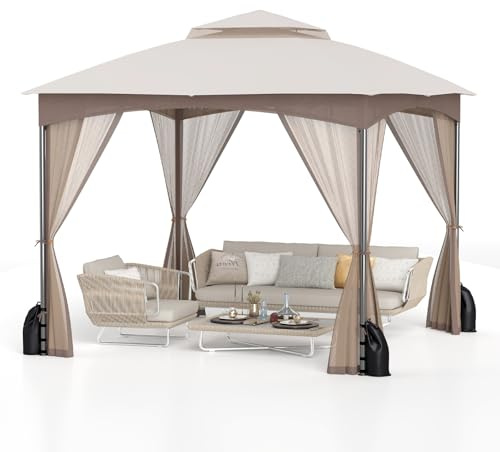 RELAX4LIFE Pergola da 3 x 3 m, con Zanzariera, Padiglione Idrorepellente con Doppio Tetto, Gazebo da Giardino con Telaio in Metallo, 8 Picchetti per il Terreno, 4 Sacchi di Sabbia (MARRONE)