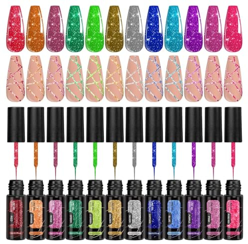 Glitter Gel Nagellack Reflekterande långvarigt soak off manikyrlinerkit | 12 Färger Gellack För Glitter Nagel Kvinnor Hemma Fest Helg Sommar Manikyr Liner Kit