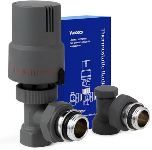 VANCOCO Termostatventil backventil komplett set 1/2 tum, tätningsringsanslutning, radiatorventil värmeventil, hörnform, vit, flytande givare, frostskyddsställning, standard EN215