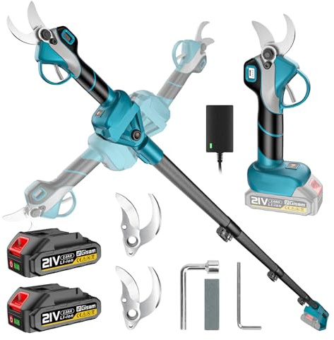 Tijeras de Podar Eléctricas con Palo Telescópico – Hasta 4,2 m de Alcance, motor sin escobillas, Tijeras de Podar Batería con 2 * Baterías y 3 pares de Hoja SK5, para Jardinería, Adecuado Granjas