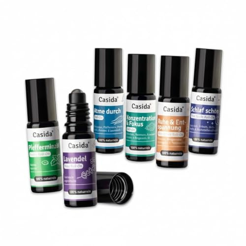 Casida Roll On Top 6 Set - 6 doftrullar Ons med naturliga eteriska oljor - utspädd med kokosolja- doftolja, aromolja - perfekt för aromaterapi och på språng - 6 x 10 ml
