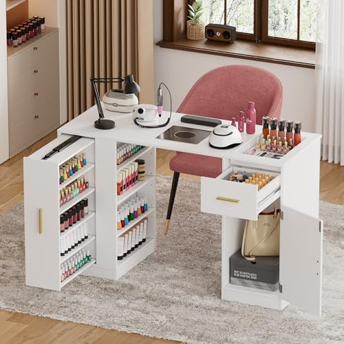 Elancee Table Manucure avec Aspirateur, Bureau Onglerie Professionnel 108 cm, Vitrine avec 9 Étagères, Tiroirs, Étagère, Moderne pour Salon de Beauté