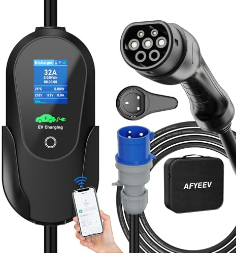 AFYEEV Laddkabel Typ 2 7,2 kW, 8 M, 1-fas, Laddkabel Typ 2 CEE-kontakt, Typ 2 Laddkabel 6/8/10/13/16/20/24/32 A, EV-laddare Mobil Wallbox med WiFi-Bluetooth Fjärrkontroll Laddkabel E-bil