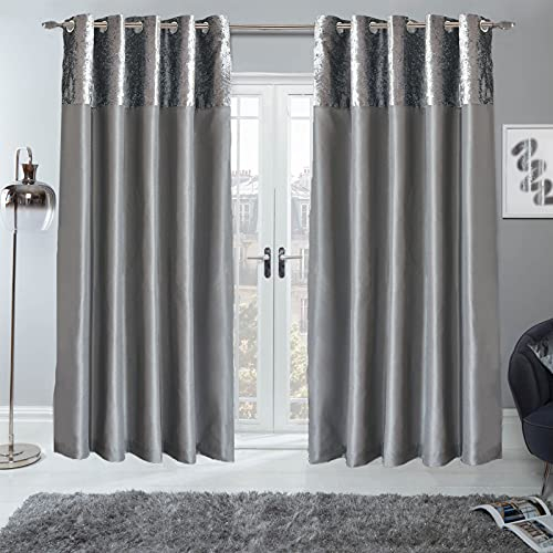 Sienna PAIR of Crushed Velvet Band Curtains Fully Lined Eyelet Ring Top Faux Silk Window Treatment Panels - Silver Grey, Width 90 x Drop 72