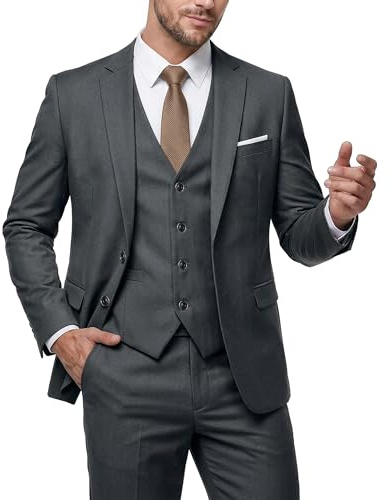 MY'S Conjunto de Traje Ajustado de 3 Piezas para Hombre, Chaqueta de Dos Botones, Chaleco, Pantalones, Corbata, Vestido de Novio, Liso, Esmoquin y Pantalones, Gris (Deep Grey), Medium