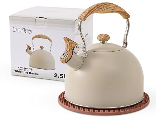 LONFFERY Tea Kettle for Stove Top, 2.5 Quart Whistling Tea Kettle, with Food Grade Stainless Steel and Wood Pattern Folding Handle, Creamy White