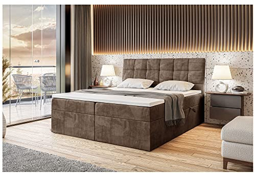 MEBLINI Boxspringbett mit Bettkasten - Gepolstert Doppelbett mit Matratze und Topper - Polsterbett mit Stauraum - Bett mit Kopfteil - Stauraumbett - Drago - 140x200 - H4/Braun Samt