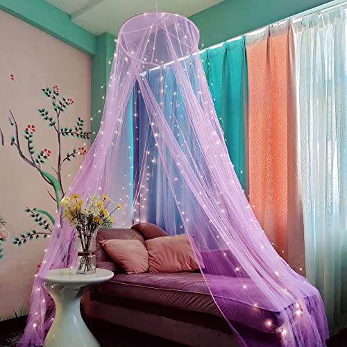 Eimilaly Dosel de Cama Mosquitera con 250pcs Luces de Cortina de Colores, Dosel de Cama para Decoración de Habitación de Niñas o Fiesta Temática, Purple/Warm White Lights