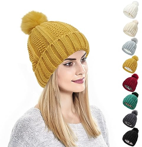 Kunyeah Women's Knitted Cap with Pompom Satin Silk Lined Warm Solid Color Beanie Hat for Women Girls (Yellow)