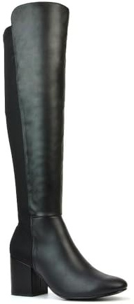 ESSEX GLAM Womens Stretch Over Knee High Boots Ladies Mid Low Block Heel Black Synthetic Leather Shoes Size 6
