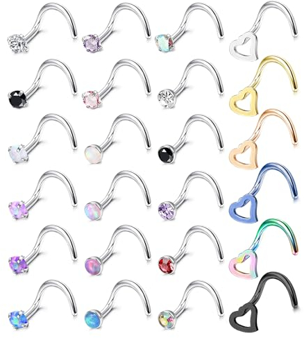 Chriscoco 24 Stück 20G Nasenpiercing Stecker Chirurgenstahl Nostril Piercing Zirconia Opal Piercing Nase Silber Nasenstecker Nasenpiercing Schmuck für Damen Herren S-Form