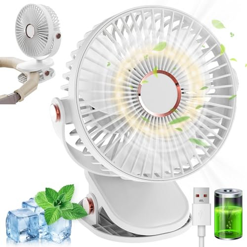 MUXIWOM Mini ventilateur de table à clip, USB, batterie 5000 mAh, silencieux, 5 vitesses, rotation à 720 °, pour la maison, le bureau, le camping (blanc)